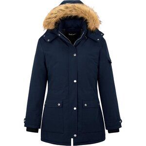 Women's Navy Winter Plus Size Waterproof Thicken Puffer Coat With Faux Fur Hood